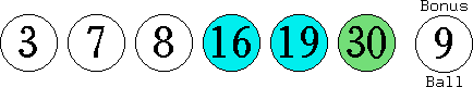 03 07 08 16 19 30 (09)