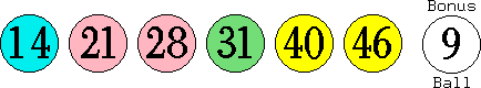 14 21 28 31 40 46 (09)