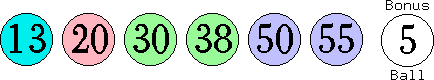 13 20 30 38 50 55 (05)
