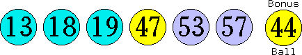 13 18 19 47 53 57 (44)