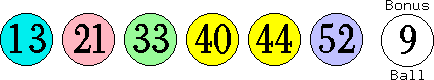 13 21 33 40 44 52 (09)