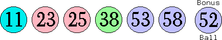 11 23 25 38 53 58 (52)