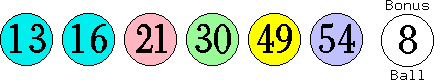 13 16 21 30 49 54 (08)
