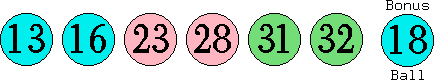 13 16 23 28 31 32 (18)